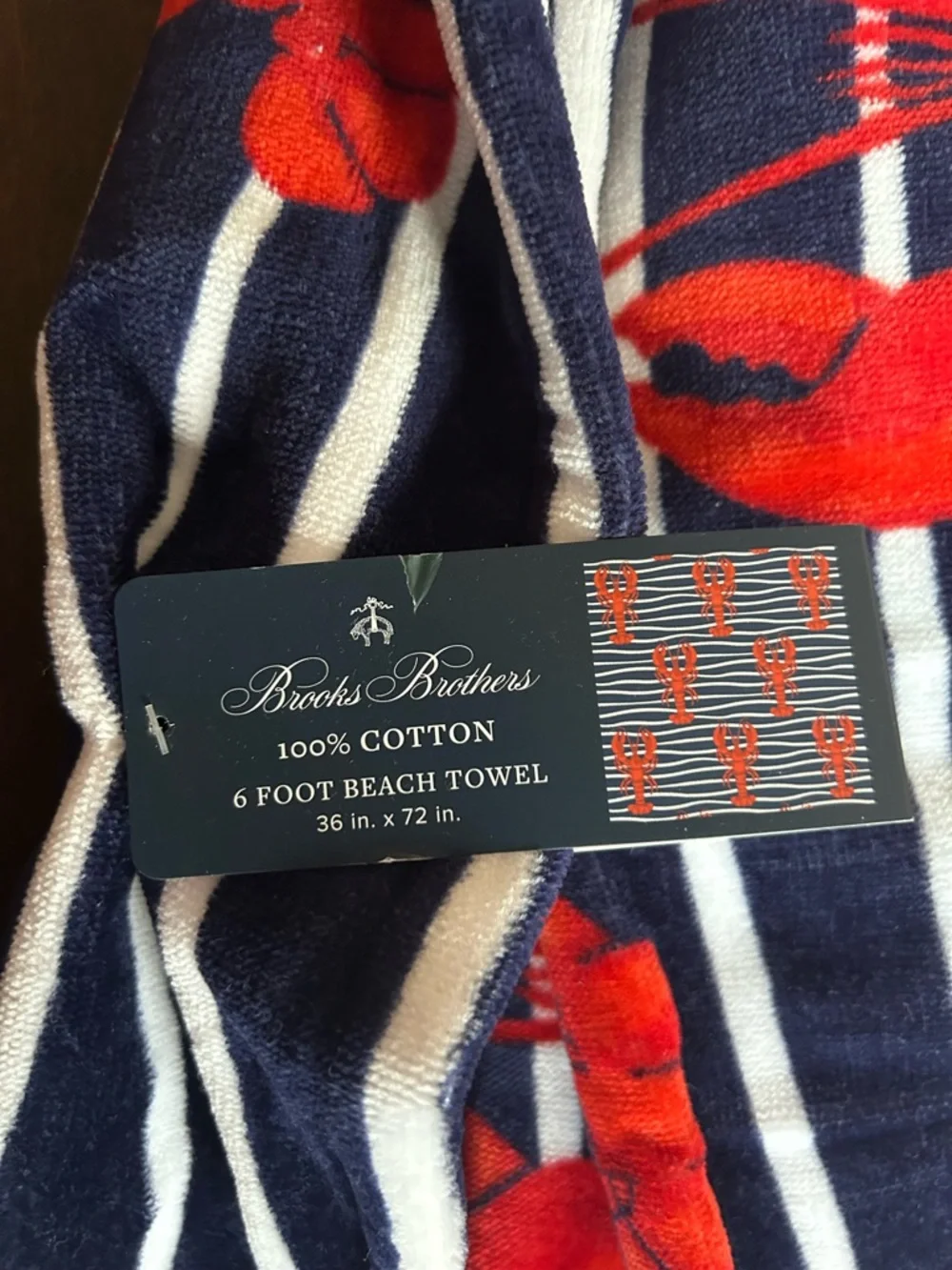 Brooks Brothers Home Beach Towel Cotton Striped Lobster print Blue red 36”x72”